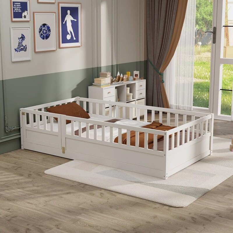 Twin Size Floor Bed Integral Construction with Super High Security Barrier Wooden Children's Floor White White Modern Contemporary Pine