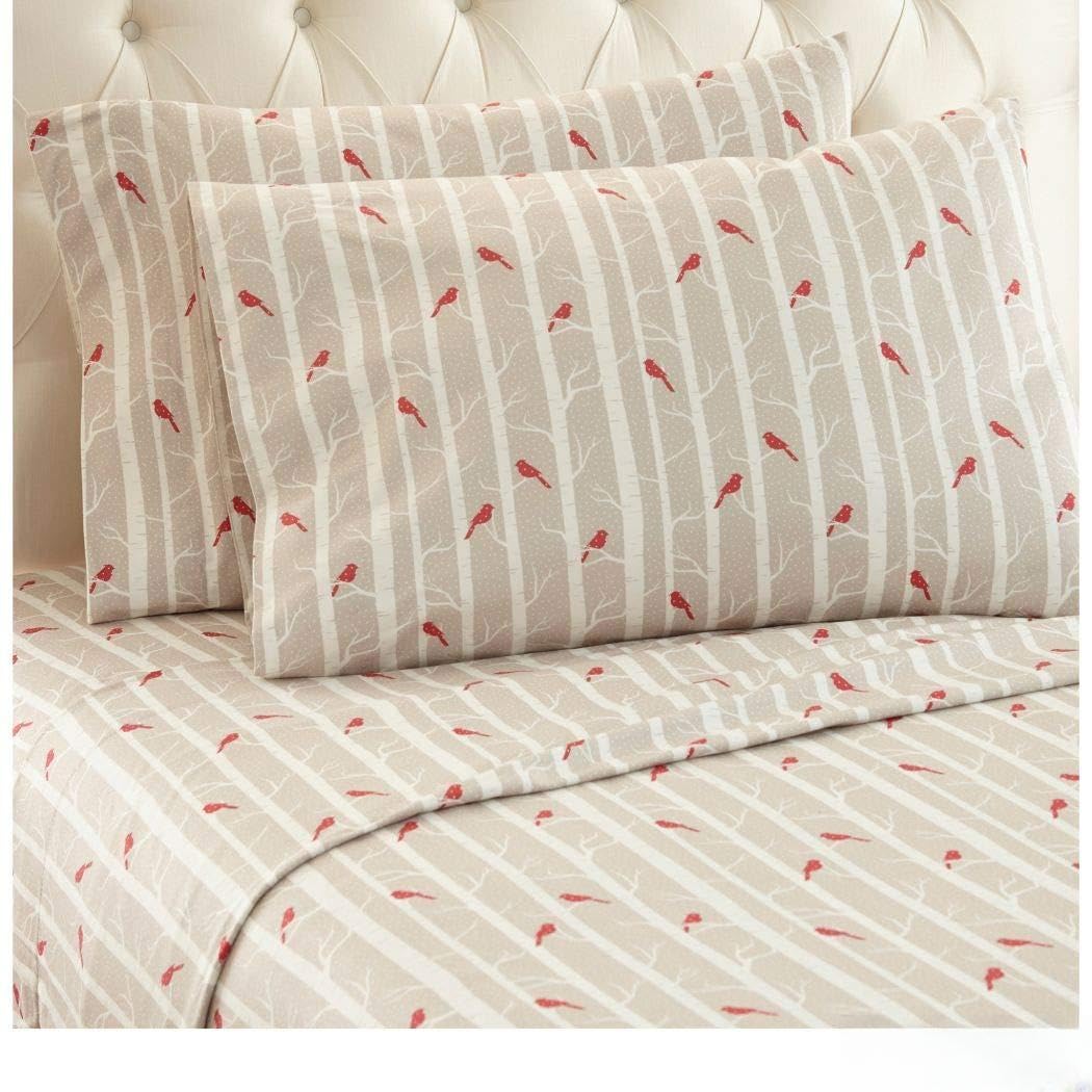 Girls Light Brown Cardinals Birds Sheet Queen Set, Light Red Color Bird On Branch Trees Pattern Kids Bedding for Bedroom, Modern Classic Forest Garden Nature Themed Teen, Flannel