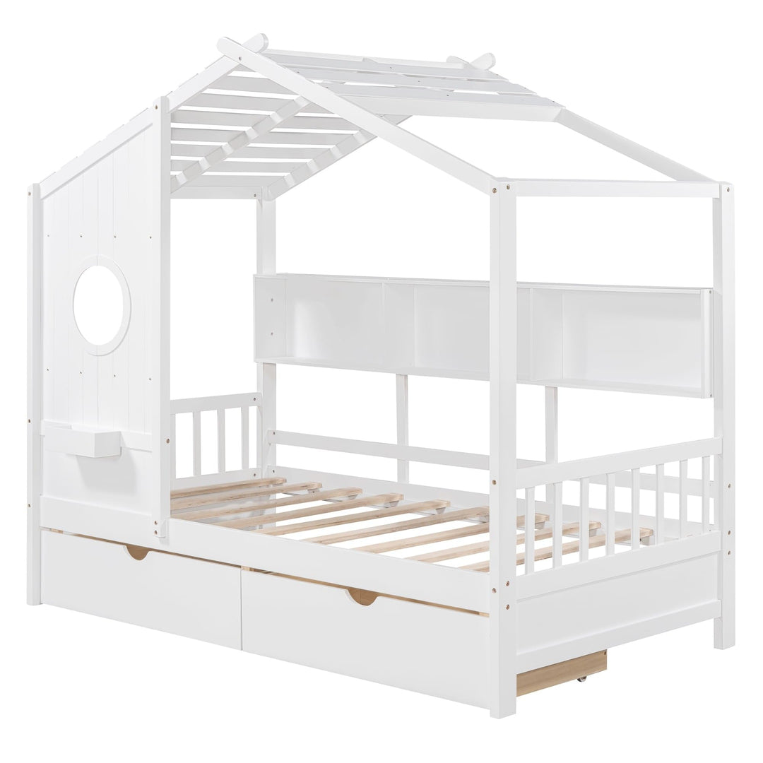 Twin Size Wooden House Bed Kids with 2 Drawers and Storage Shelf White