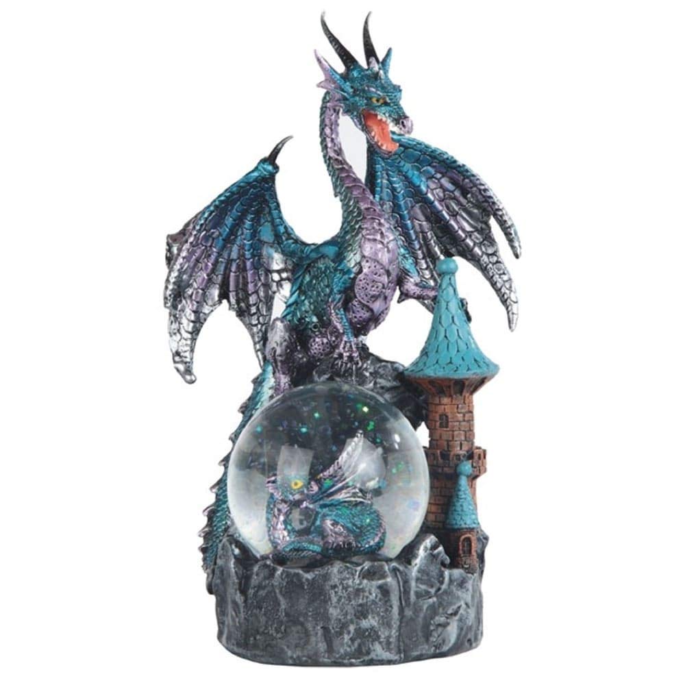 8" h Blue and Purple Dragon On Castle with Baby Snow Globe Statue Fantasy Decoration Figurine Polyresin