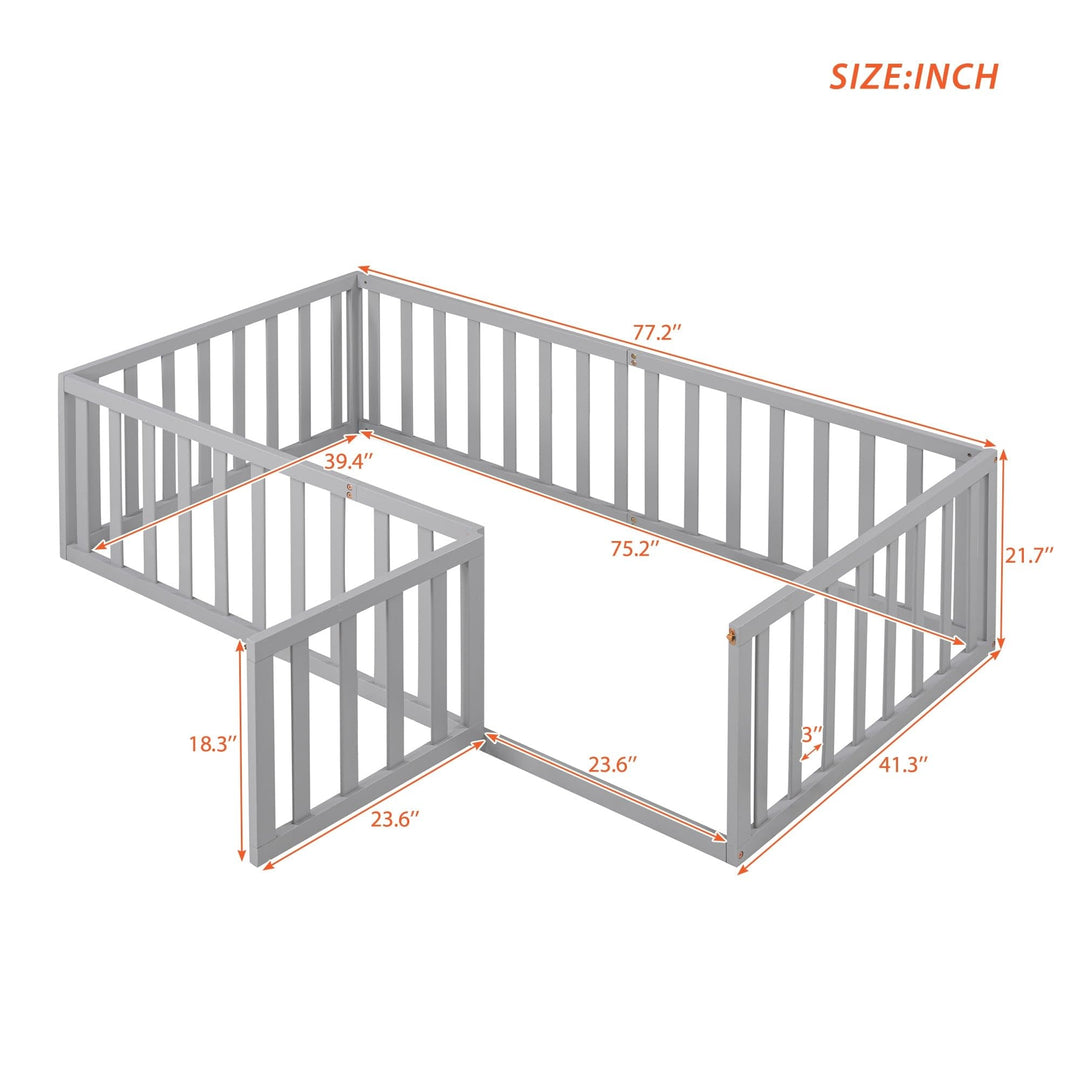 Elegant Design Twin Size House Bed Kids with Fence and Door Grey