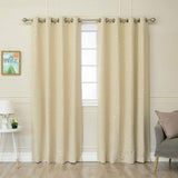 84 Inch Beige Solid Color Girls Curtain Panel Pair Set, Light Brown Star Pattern Window Drapes, Kids Themed Silver Twinkling Stars Night Sky Blackout Insulated Grommet Top Luxurious, Polyester