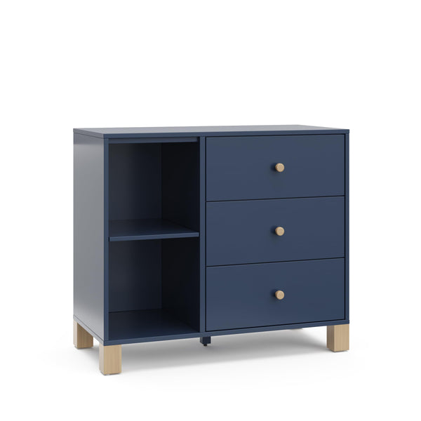 Storkcraft California 3 Drawer Combo Dresser (Midnight Blue with Driftwood) - GREENGUARD Gold Certified, Interlocking Drawer System, Pre-Installed Drawer Tracks for Easier Assembly, Spacious Cabinet