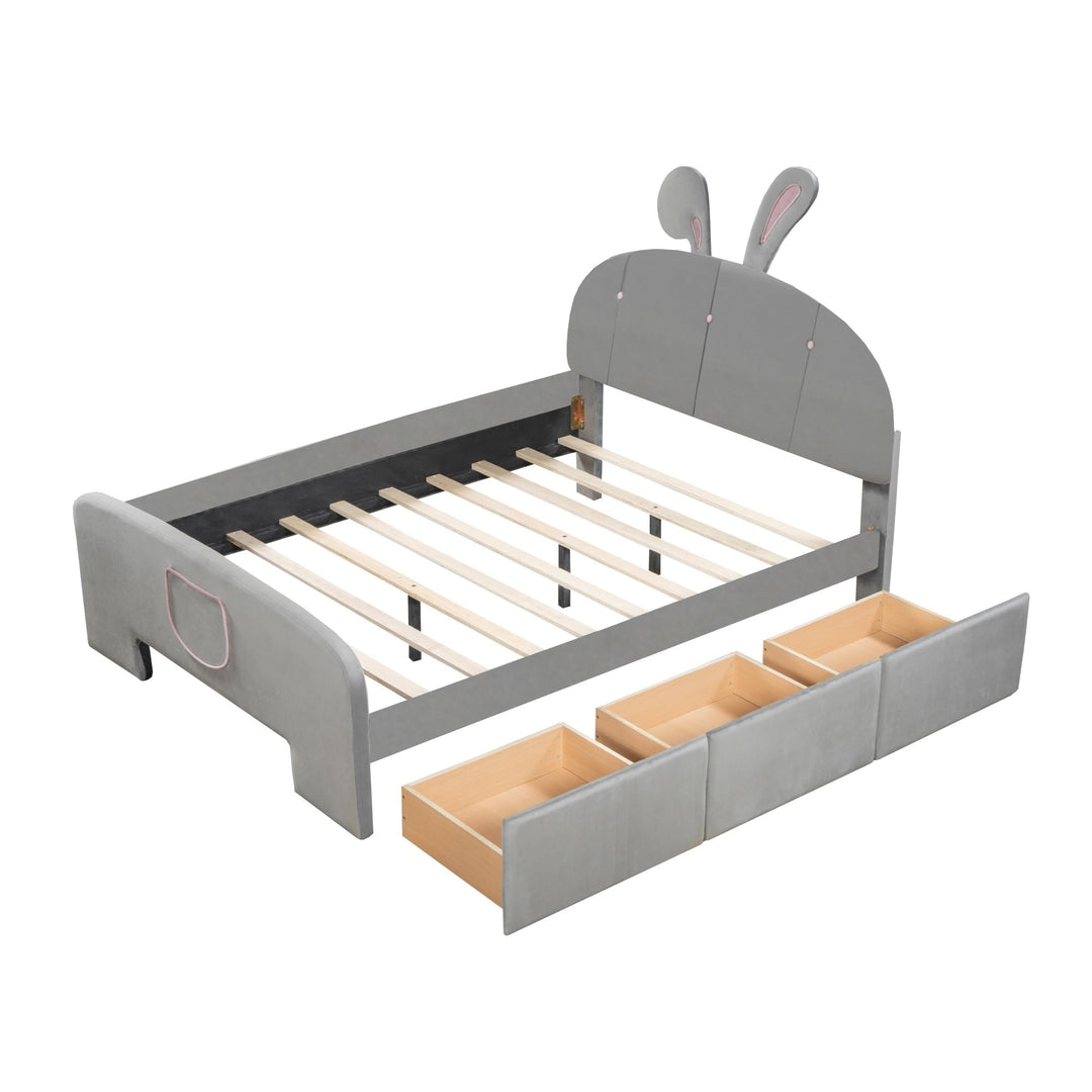 Full Velvet Platform Bed with Bunny Ears Headboard Wooden Frame Drawers Bed-end Storage Pocket for Kids Bedroom Grey Modern Contemporary Wood Includes Hardware