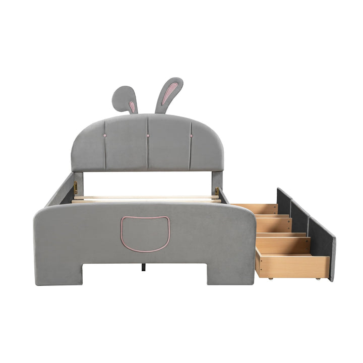 Full Velvet Platform Bed with Bunny Ears Headboard Wooden Frame