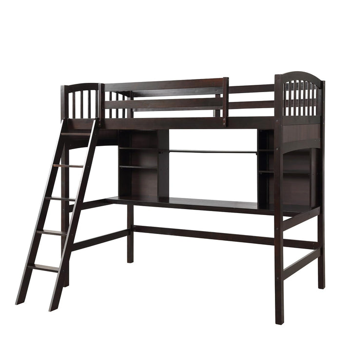 Twin Size Loft Bed with Storage Shelves Desk and Ladder Sturdy Frame