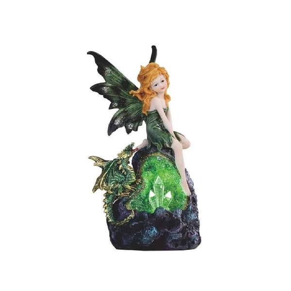 8" h Green Fairy and Baby Dragon with Led Crystal Stone Statue Fantasy Night Light Decoration Figurine Polyresin