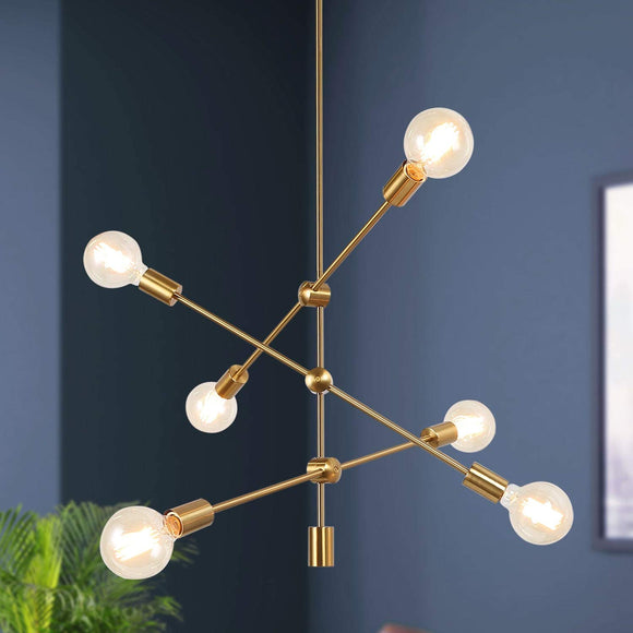 Modern Contemporary Sputnik Pendants 6-Lights Hanging Rods Ceiling Lighting for Kids Room D26 x H38.5 Gold Industrial Mid-Century Metal Dimmable