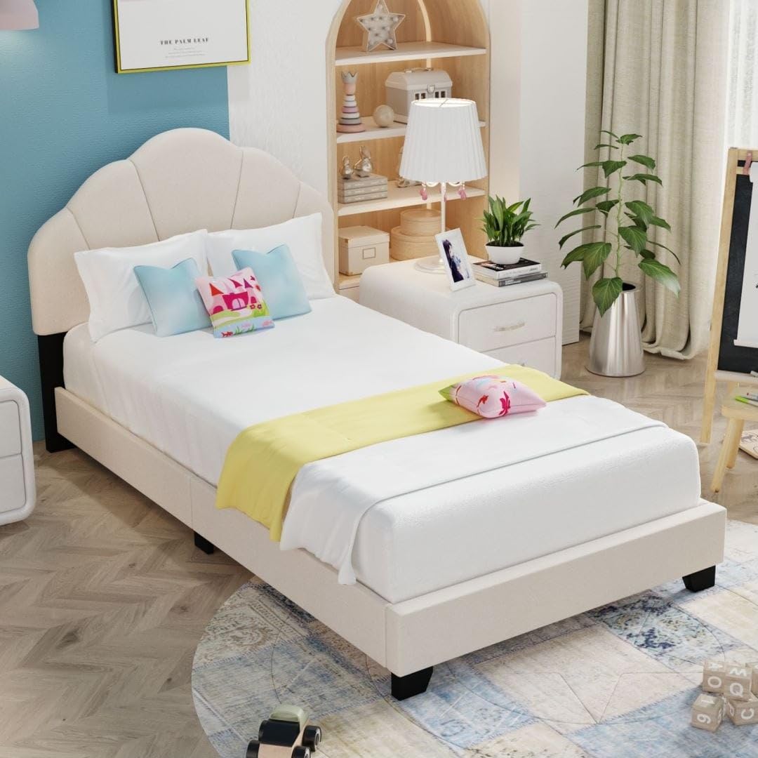 Upholstered Twin Size Wooden Platform Bed Frame for Kids with Shell