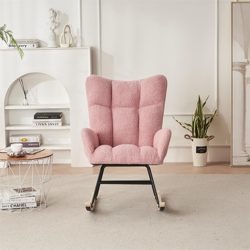 Solid Wood Legs Rocking Chair Nursery with Teddy Fabric Upholstered Pink Modern Contemporary Polyester