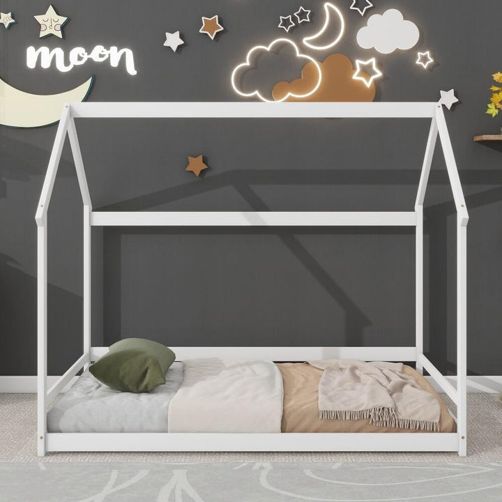 Twin Size Wood House Bed with Storage Shelf and Hanger Kids Bedroom