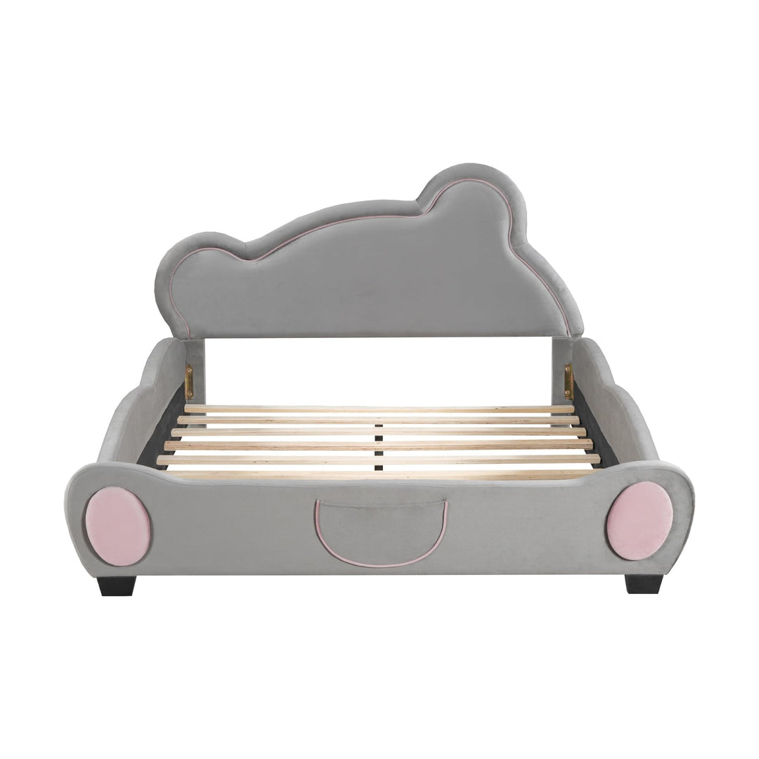 Full Velvet Platform Bed Frame with Bear-Shaped Headboard Bed-end