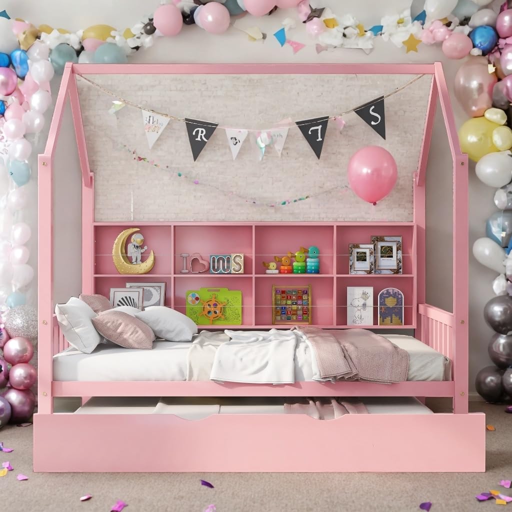 Full Size Wooden House Bed Kids with Trundle and Shelf Pink Modern