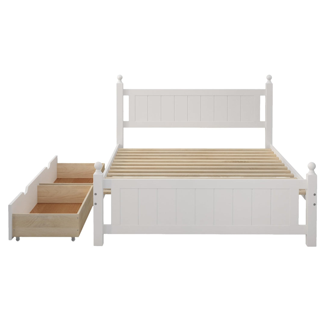 Queen Size Solid Wood Platform Bed Frame with Trundle for Kids Teens