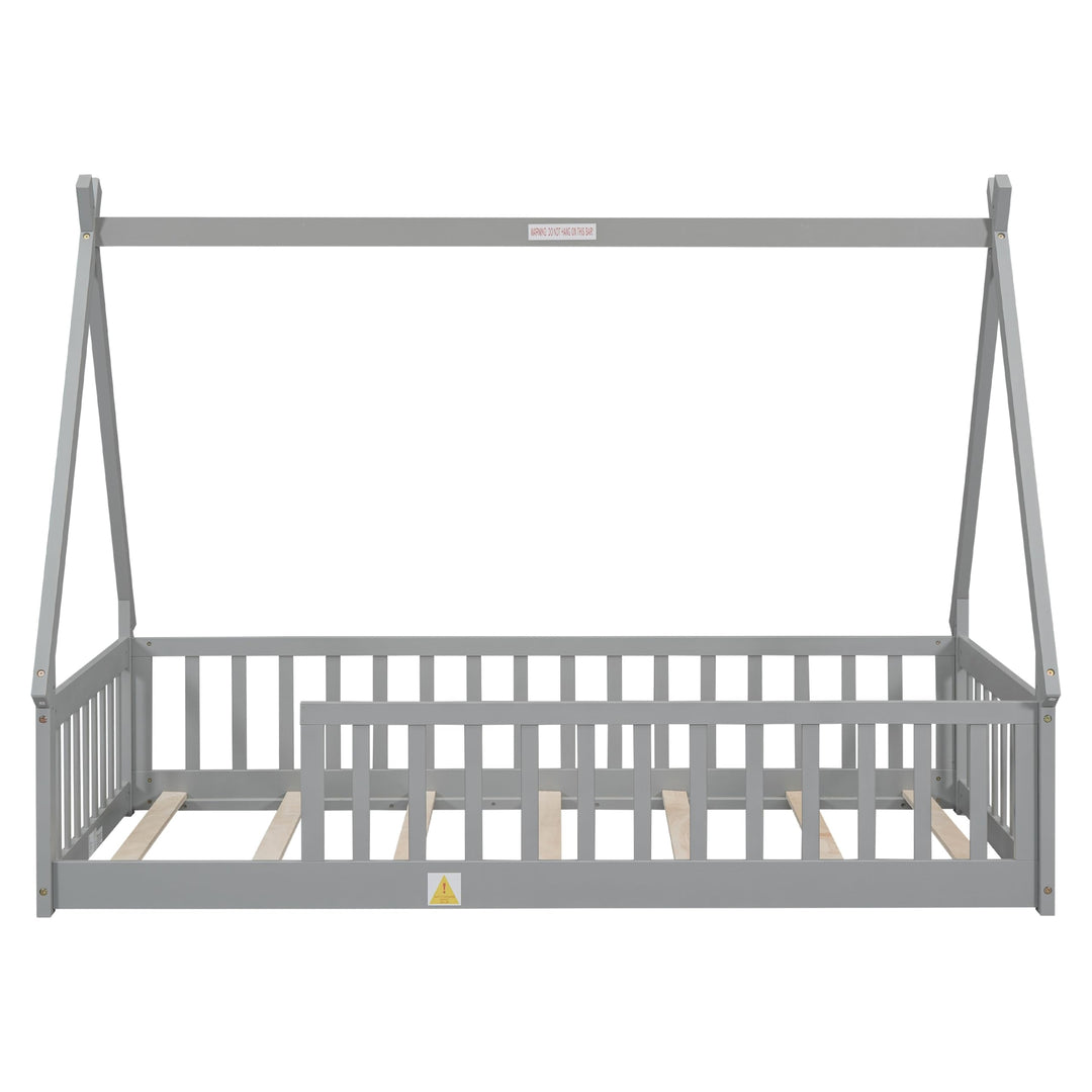 Twin Size Bed Kids Floor with Safety Guardrails Grey Mid-Century