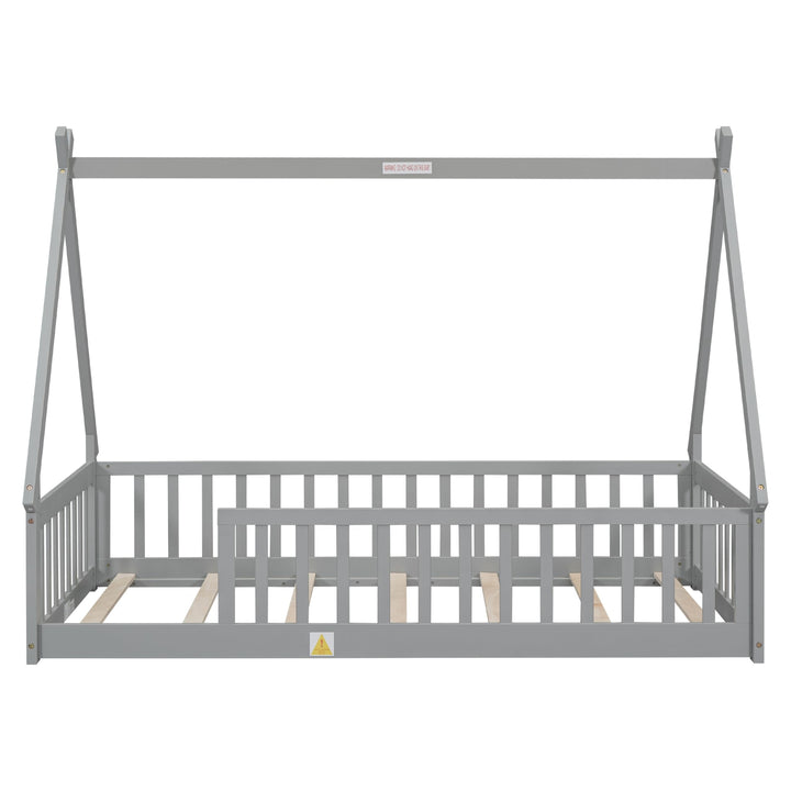 Twin Size Bed Kids Floor with Safety Guardrails Grey Mid-Century