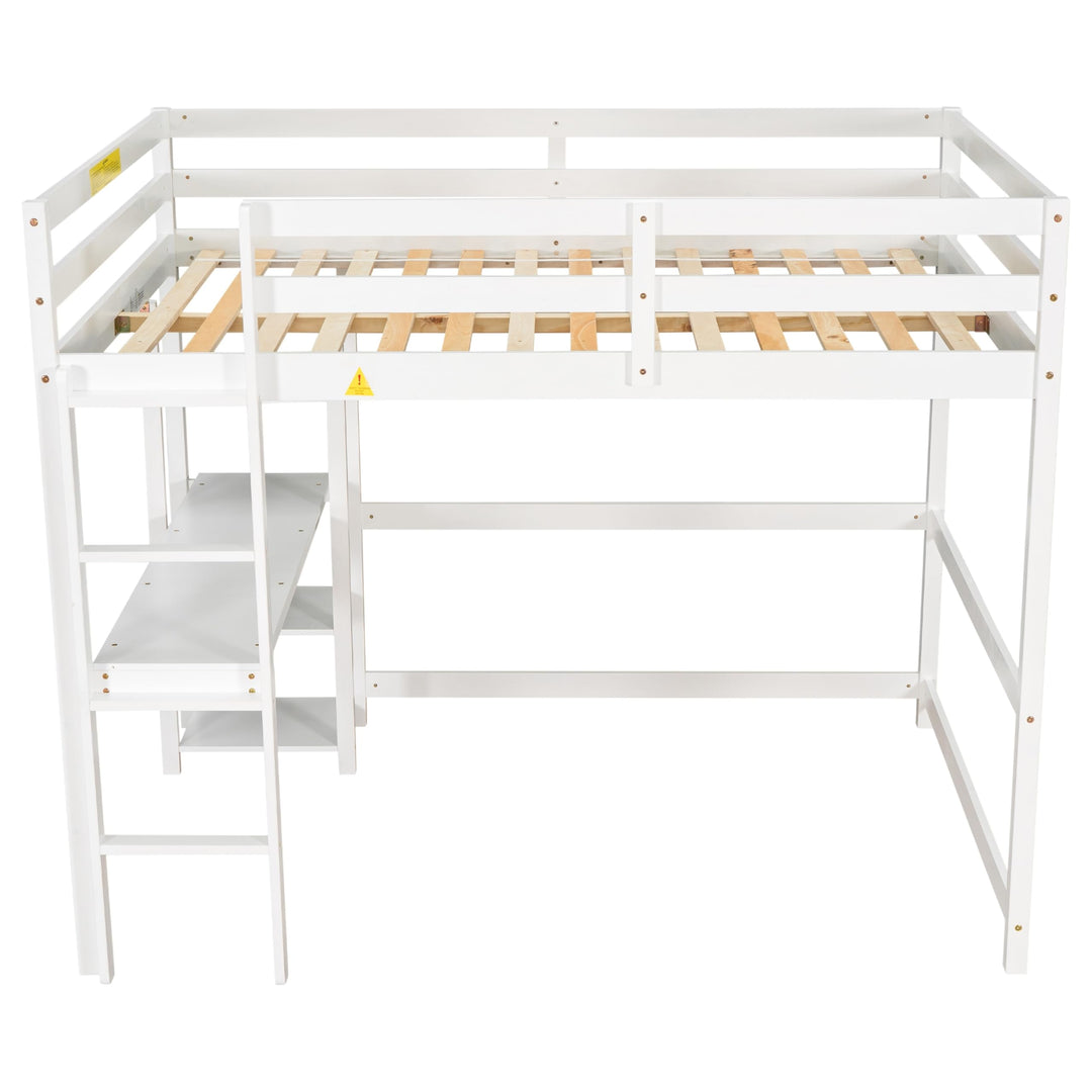 Full Loft Bed Pine Kids with Desk Shelves and Ladder White Modern