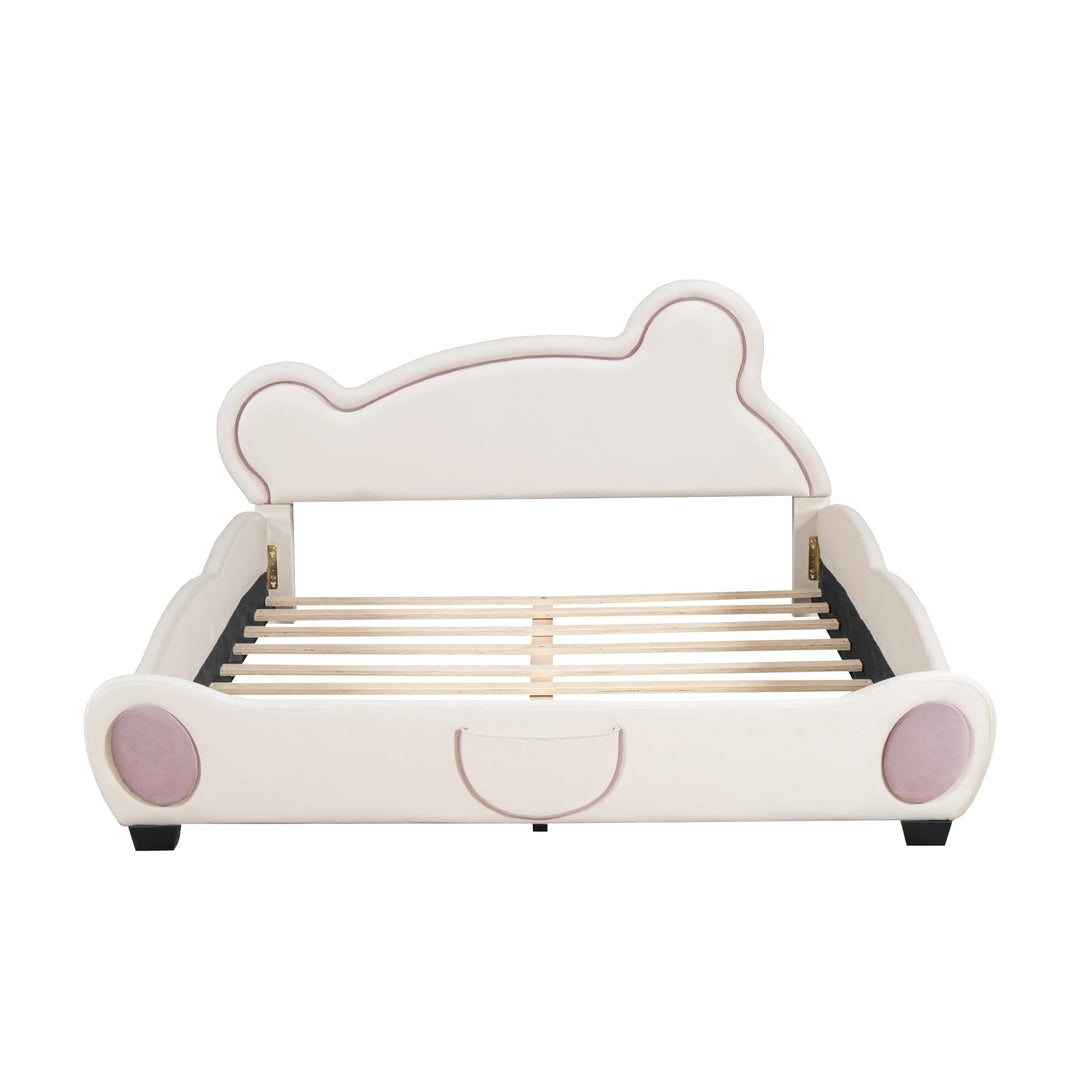 Queen Size Kids Upholstered Bed Bear-Shaped Frame Beige Mission Modern