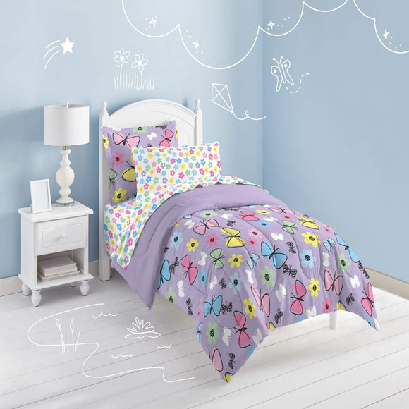 Girls Lavender Whimsical Butterfly Floral Comforter With Sheet Twin Set, Pink Blue Yellow Allover Flower Butterflies Pattern, Reversible Purple Kids Bedding Garden Nature Themed Teen Polyester