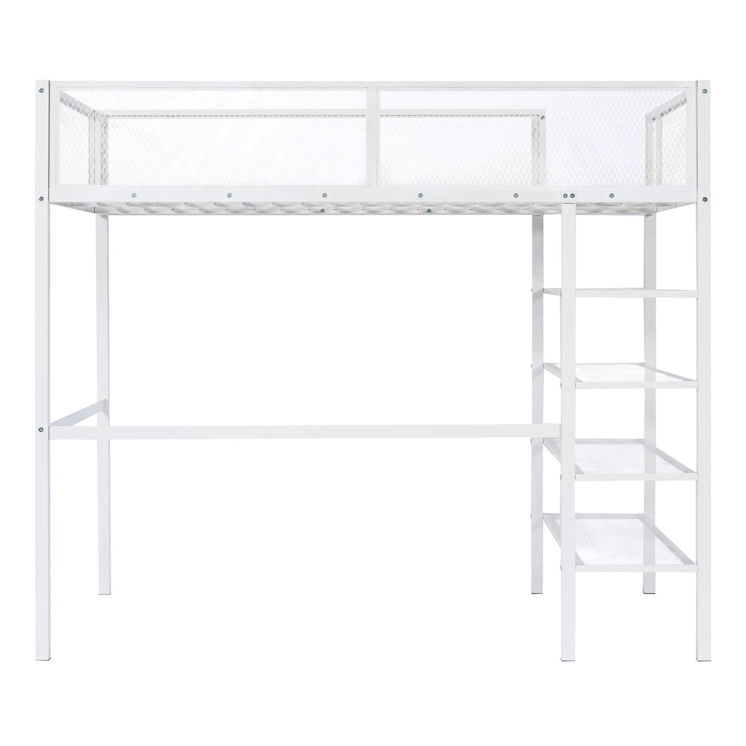 Twin Size Loft Bed with 4-Tier Shelves and Storage Metal Frame Shelf Ladder for Kids Teens White Modern Contemporary Urban Unisex Nature Space