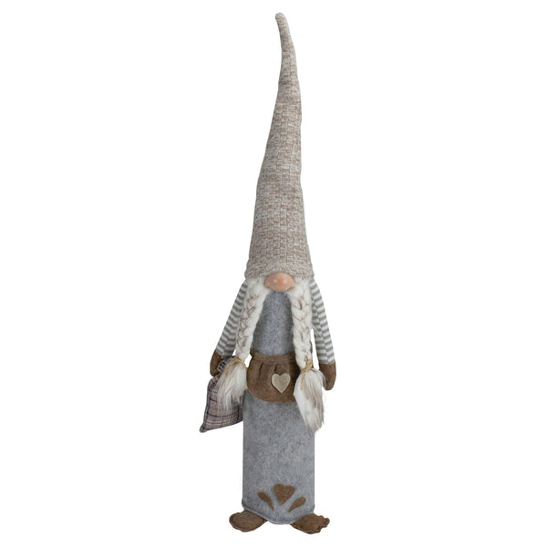 27" Gray and Beige Girl Christmas Gnome with Plaid Toy Sack Figure Grey Synthetic Fiber