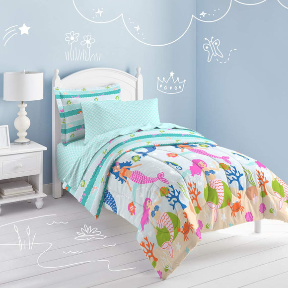 Kids Girls Teal Blue Pink Mermaid Comforter Twin Set, Swimming Mer Maid Bedding Under Water Sea Life Colorful Coral Crab Seashells Seahorse Trellis Pattern Ocean Themed, Microfiber Polyester