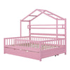 Wooden Full Size House Bed with Twin Trundle Kids Shelf Pink