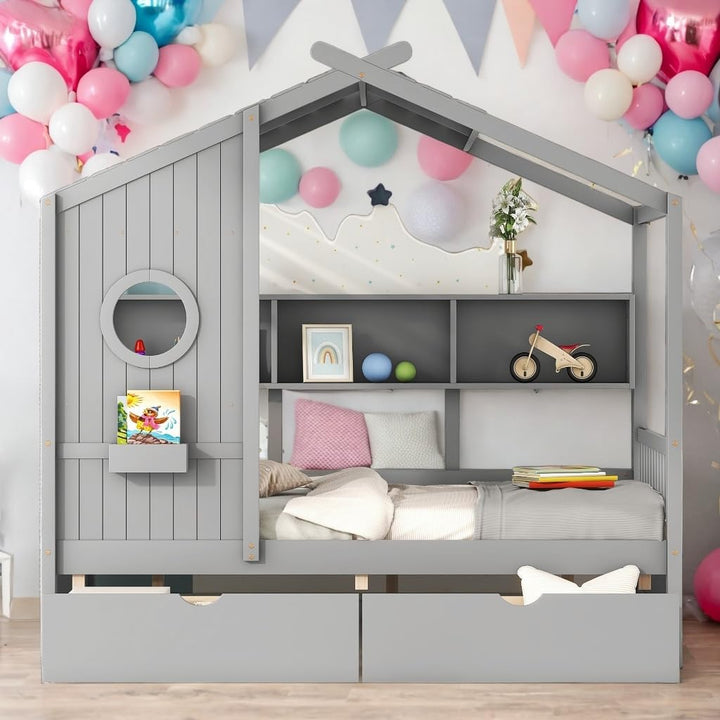 Full Size Wooden House Bed Kids with 2 Drawers and Storage Shelf