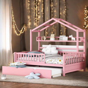 Wooden Full Size House Bed with Twin Trundle Kids Shelf Pink Mid-Century Modern Contemporary Wood