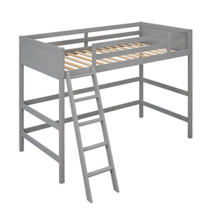 Wooden Loft Bed Twin Size Solid Wood High Frame with Ladder Safety Guardrail Kids for Boys Girls Grey Modern Contemporary Rustic Unisex Nature Space