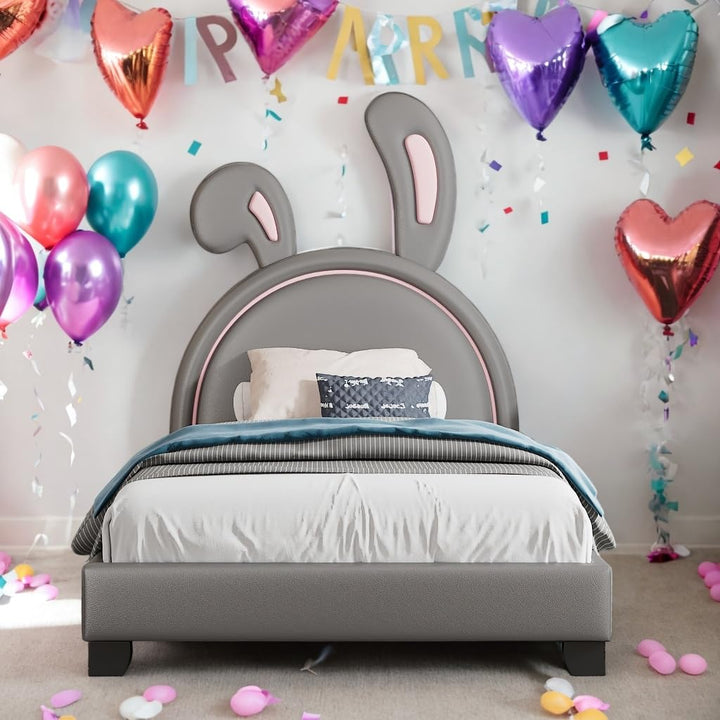 Rabbit Design Twin Size Upholstered Leather Platform Bed Kids Grey Mid-Century Modern Contemporary Wood