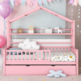 Wooden Full Size House Bed with Twin Trundle Kids Shelf Pink