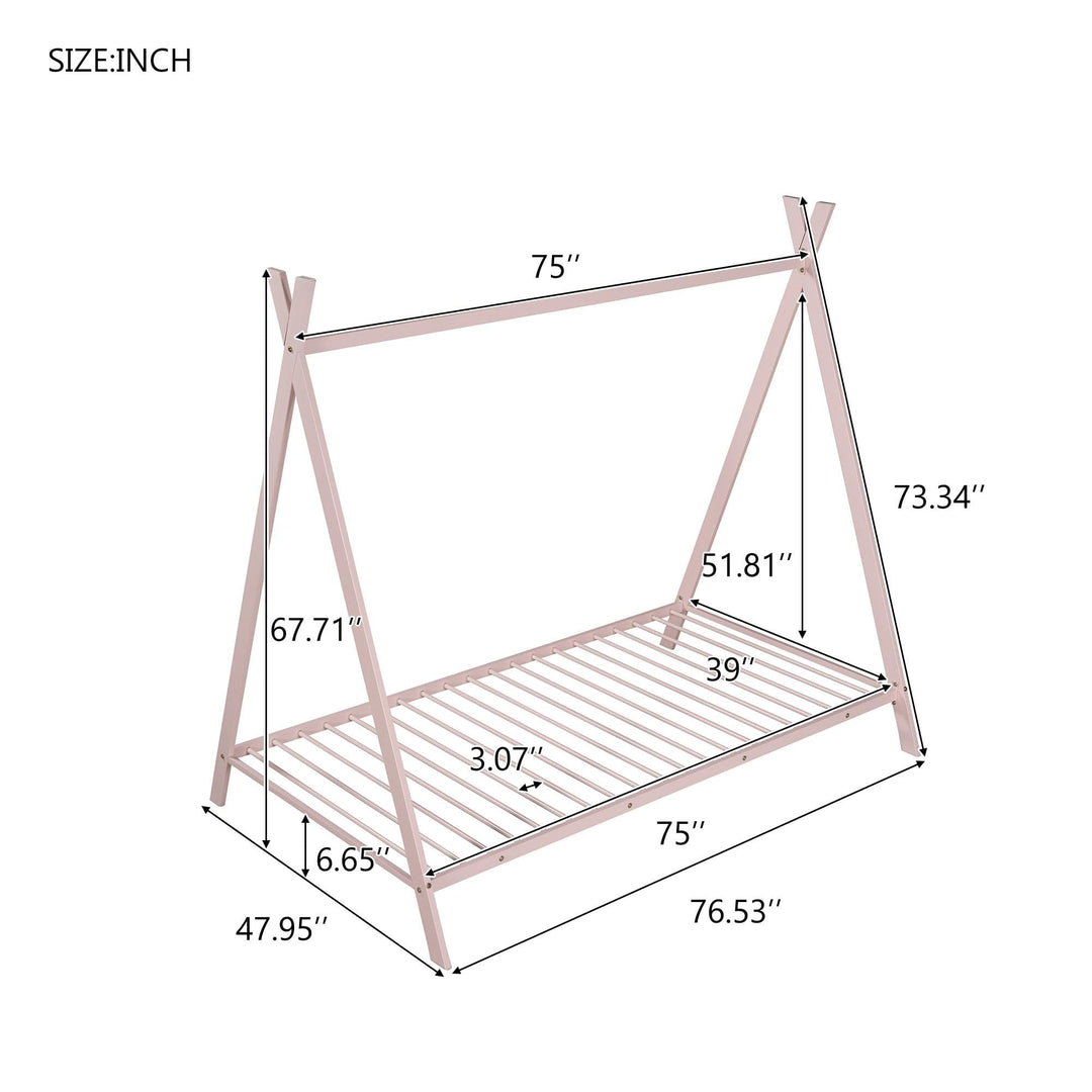 House Bed Tent Frame Twin Size Metal Floor Play with Slat for Kids