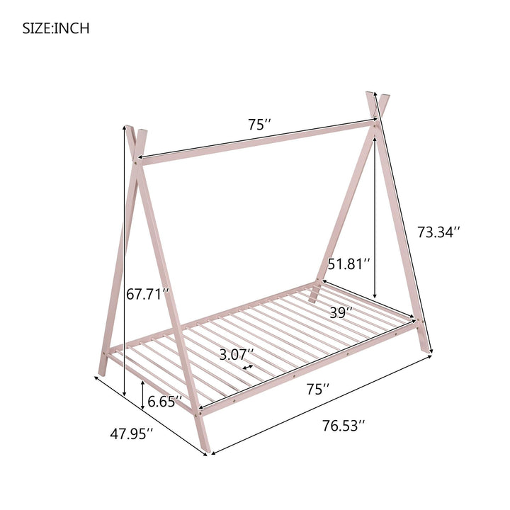 House Bed Tent Frame Twin Size Metal Floor Play with Slat for Kids