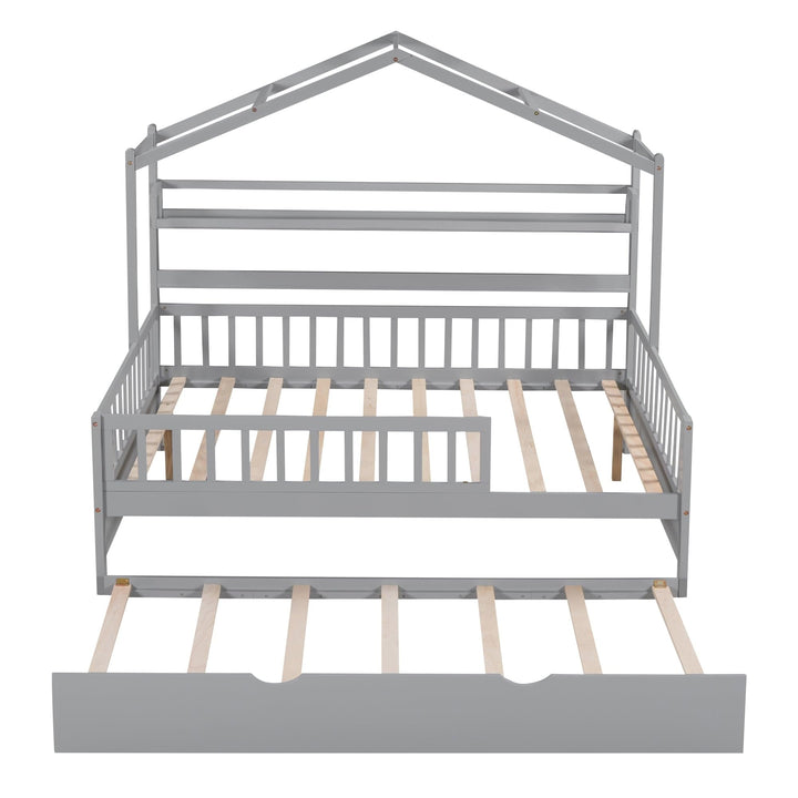 Modern Full Size House Bed Kids with Twin Trundle and Shelf