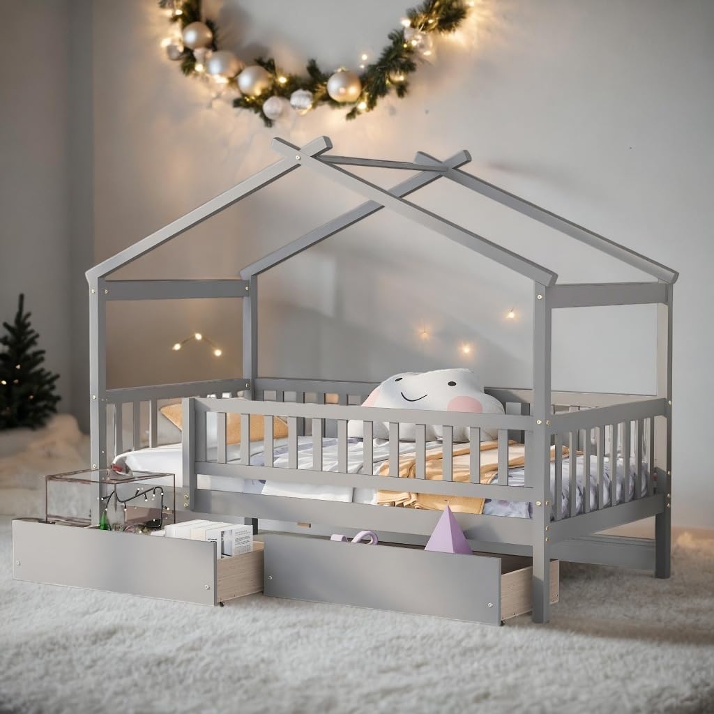 Elegant Design Twin Size Daybed Wood Bed Kids with Two Drawers Grey