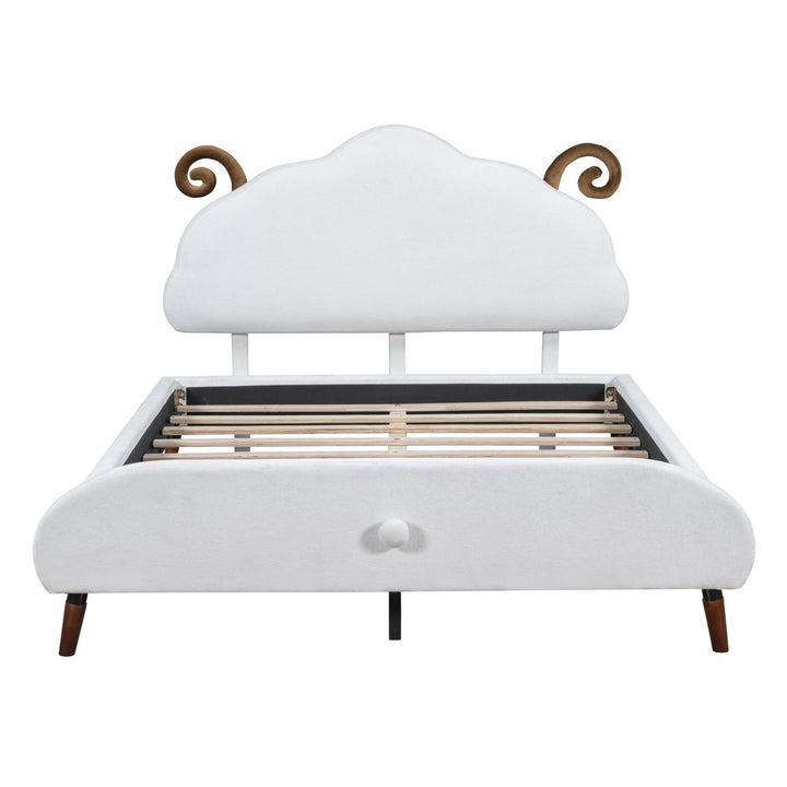 Full Size Velvet Upholstered Platform Bed with Sheep-Shaped