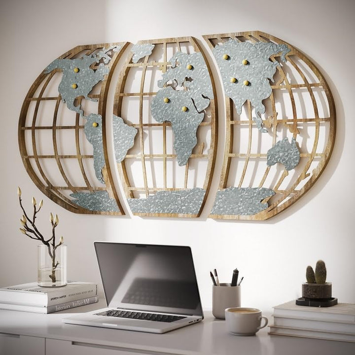 Wood Metal Pinnable World Map Wall Art 18" h X 51" w 1" d Brown