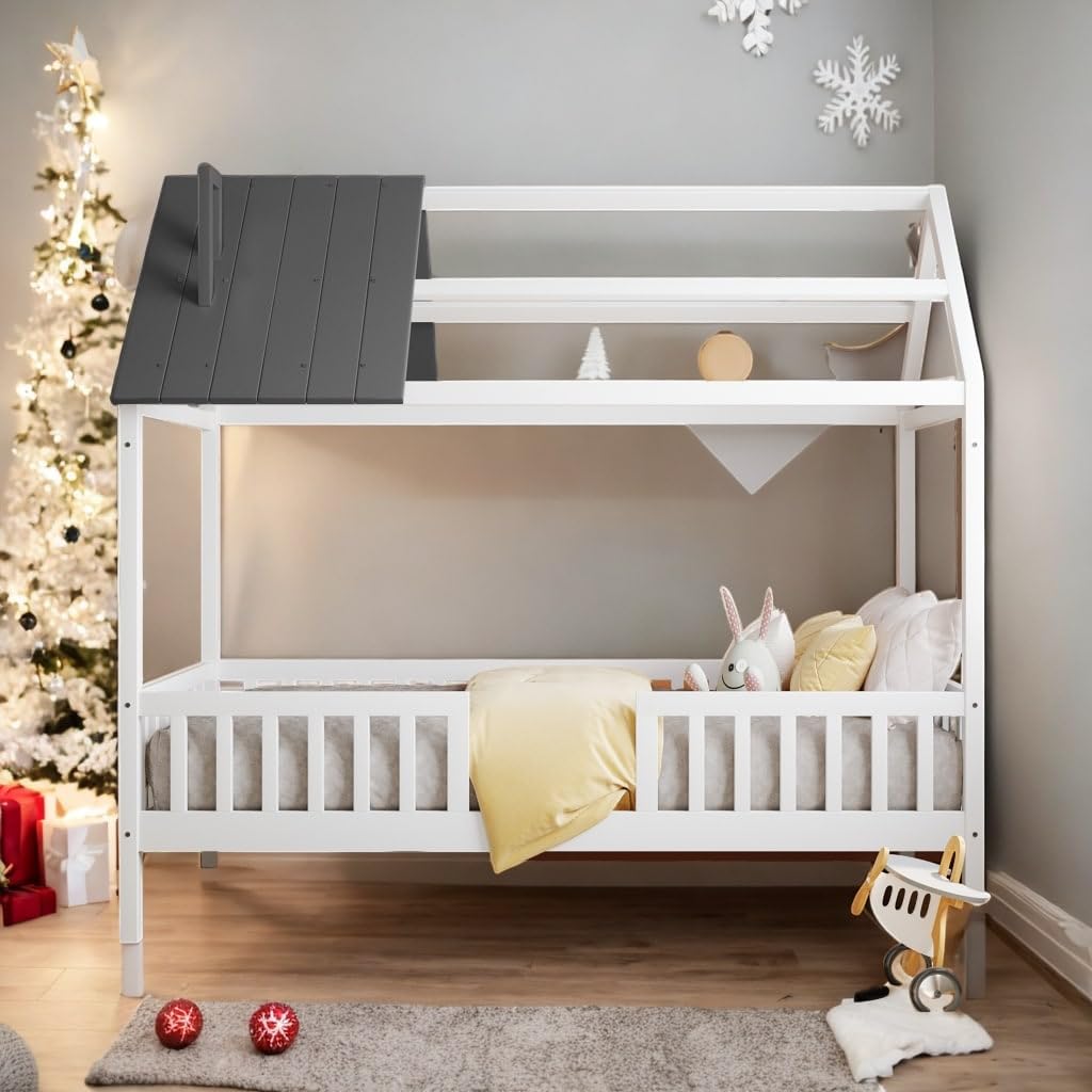 Design Twin Size House Bed Kids with Fence White Mid-Century Modern