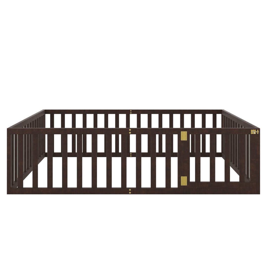 Elegant Design Queen Size House Bed Kids with Fence and Door Brown