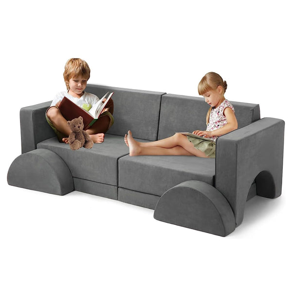 10pcs Modular Kids Play Couch for Playroom Bedroom Convertible Sofa 25.6" d X 60.2" w 20.9" h Grey Modern Contemporary Suede Stackable