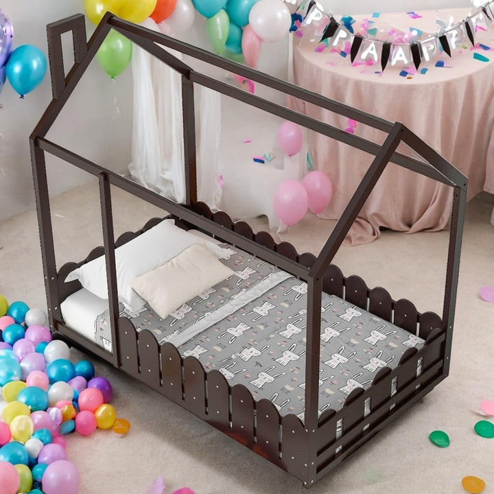 Twin Size Wood Bed House Frame with Fence for Kids Teens Girls Boys