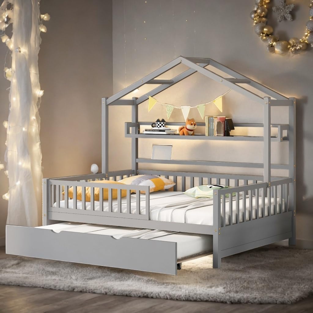 Modern Full Size House Bed Kids with Twin Trundle and Shelf