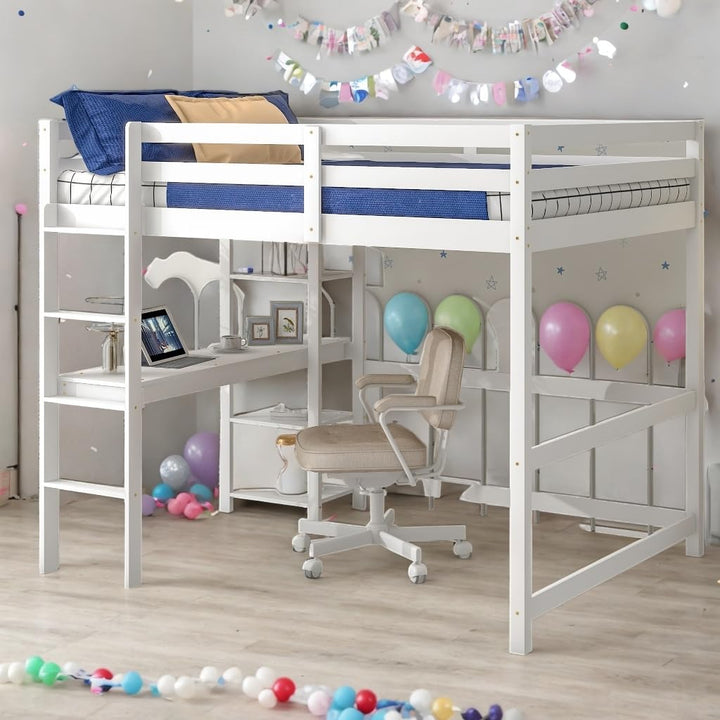 Full Loft Bed Pine Kids with Desk Shelves and Ladder White Modern Contemporary Unisex