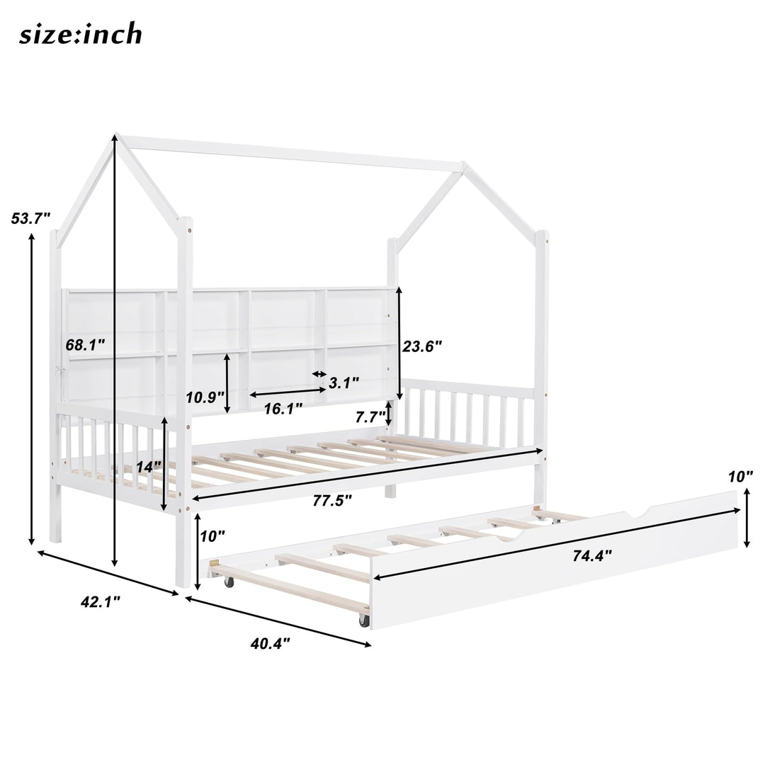 Twin Size House Bed Kids with Trundle and Shelf White Mid-Century