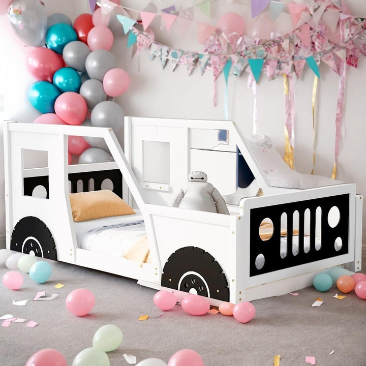 Wheels Shape Car Bed Twin Size Platform Kids White Mid-Century Modern Contemporary Wood