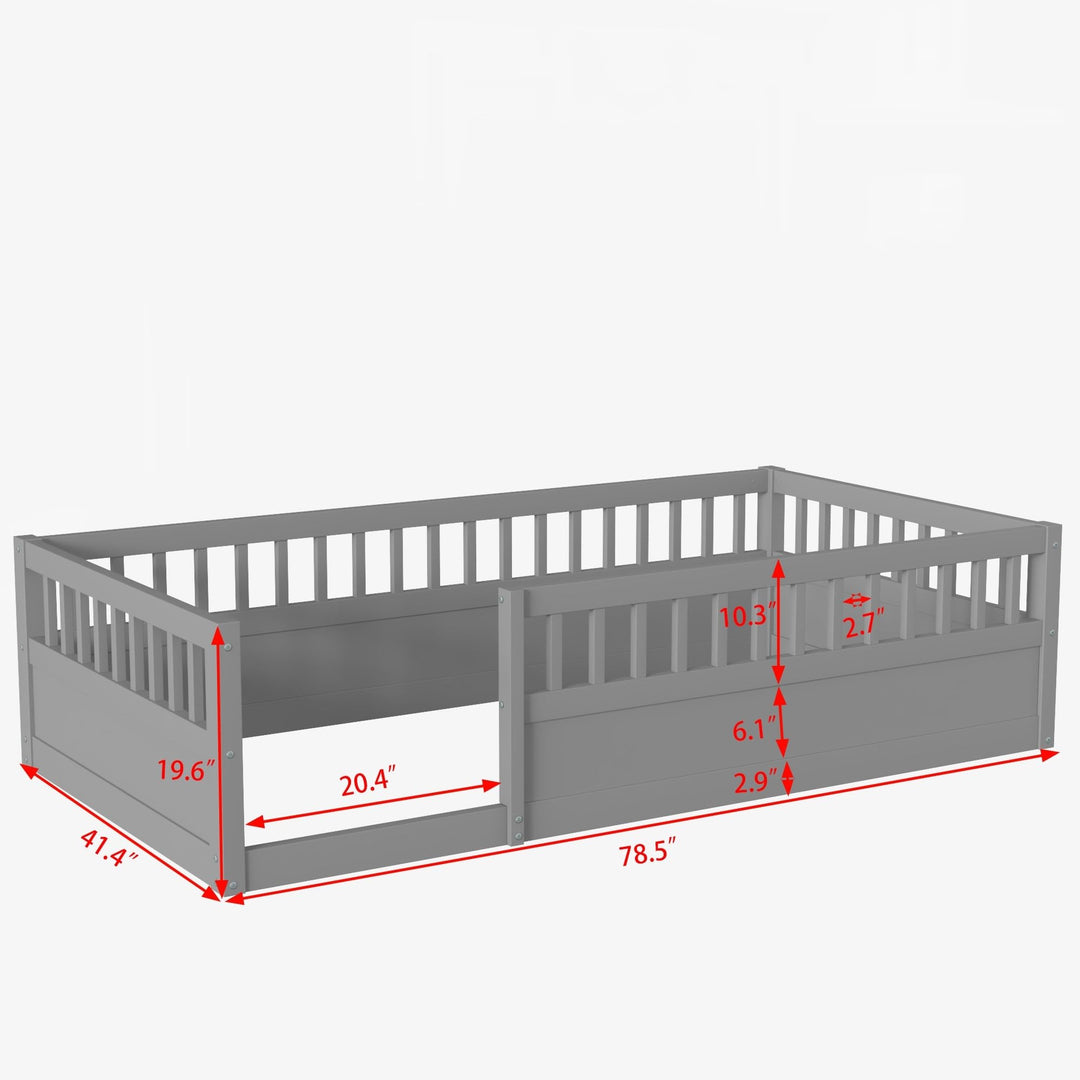 Twin Size Wood Kids Floor Beds Frame with Fence and High Guardrails