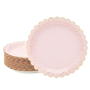 Scalloped Polka Dot Paper Plates Rose Gold 30th Birthday Decorations for Her (7 in 48 Pack) Pink Solid Casual Round Wood