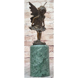 Fairy Angel Girl Child Bronze Sculpture Figure On Green Marble Base Brown Finish Handmade