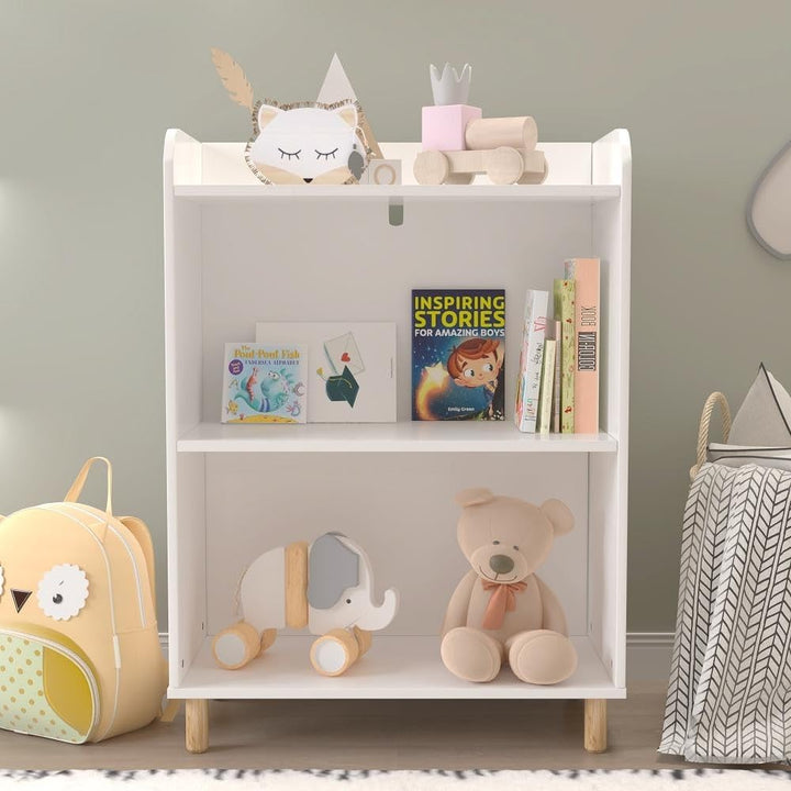 Wooden Children's 3-Tier Bookcase with Pine Wood Legswhite White Modern Contemporary MDF Finish Includes Hardware